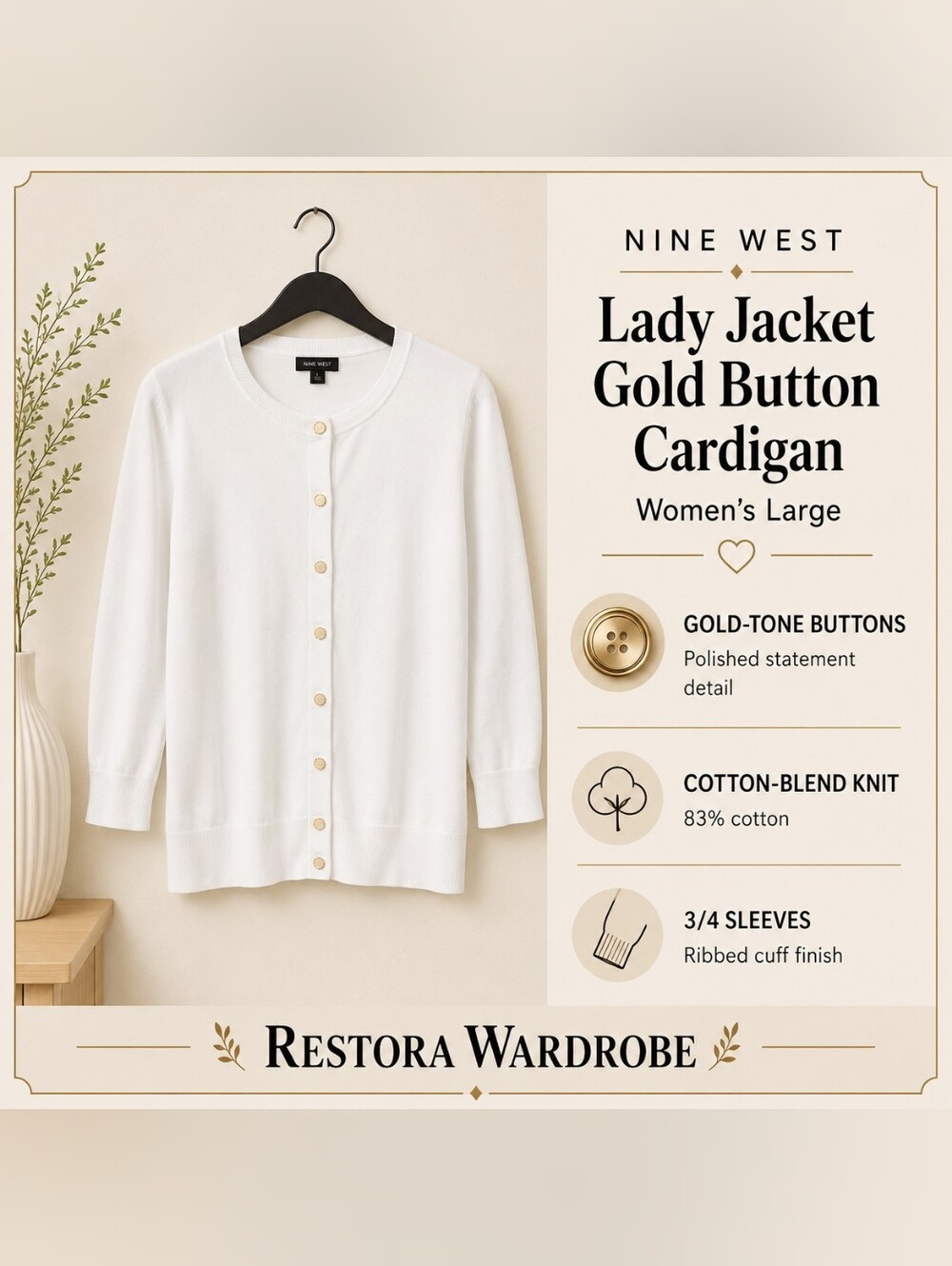 Nine West Lady Jacket Cardigan Gold Button White Large